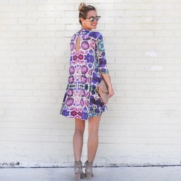 Free People New Romantics Fiesta Trapeze Mini Dress M Purple Floral Stretch - Picture 9 of 14